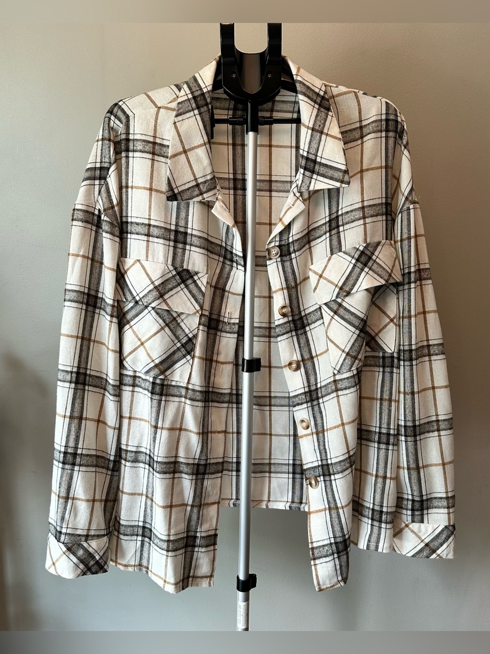 SHEIN Plaid Shacket Women 4XL White Brown Oversized Button Down Streetwear